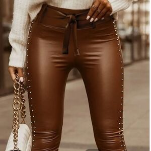 Elegant Brown Studded High-Waist Leggings